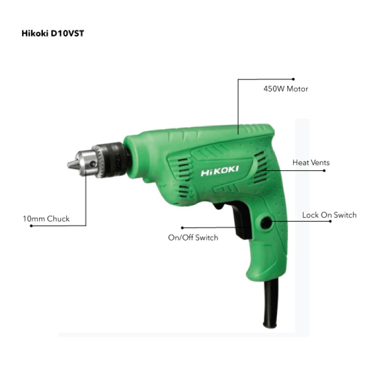 Hitachi (Hikoki) D10VST Variable Speed Reversible Drill 450 W